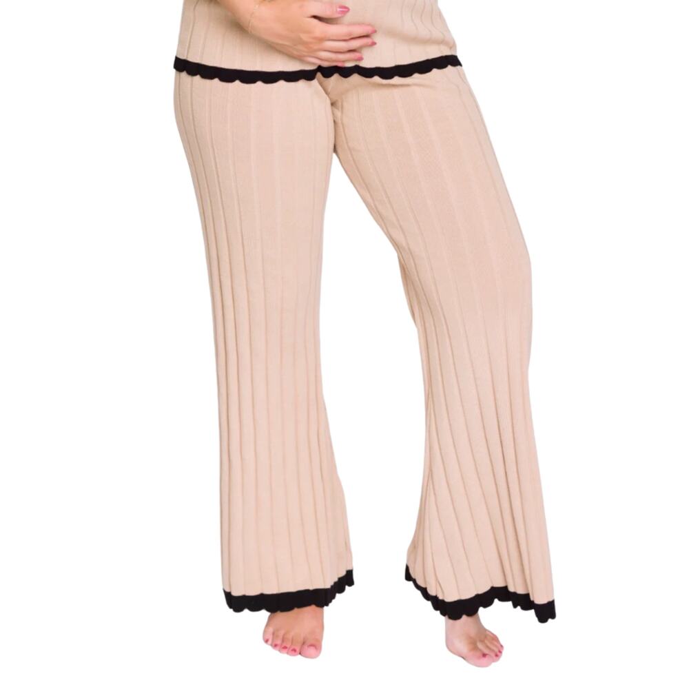Worth Collective Pants Size XL Adele Ribbed Knit Taupe Black Cozy Pull On NWT